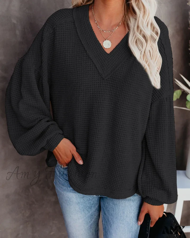 Amy Fashion - Autumn Knit V-Neck Long Lantern Sleeve Casual Sweater - Image 38
