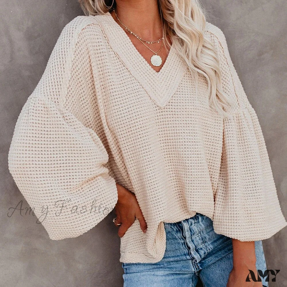 Amy Fashion - Autumn Knit V-Neck Long Lantern Sleeve Casual Sweater - Image 9