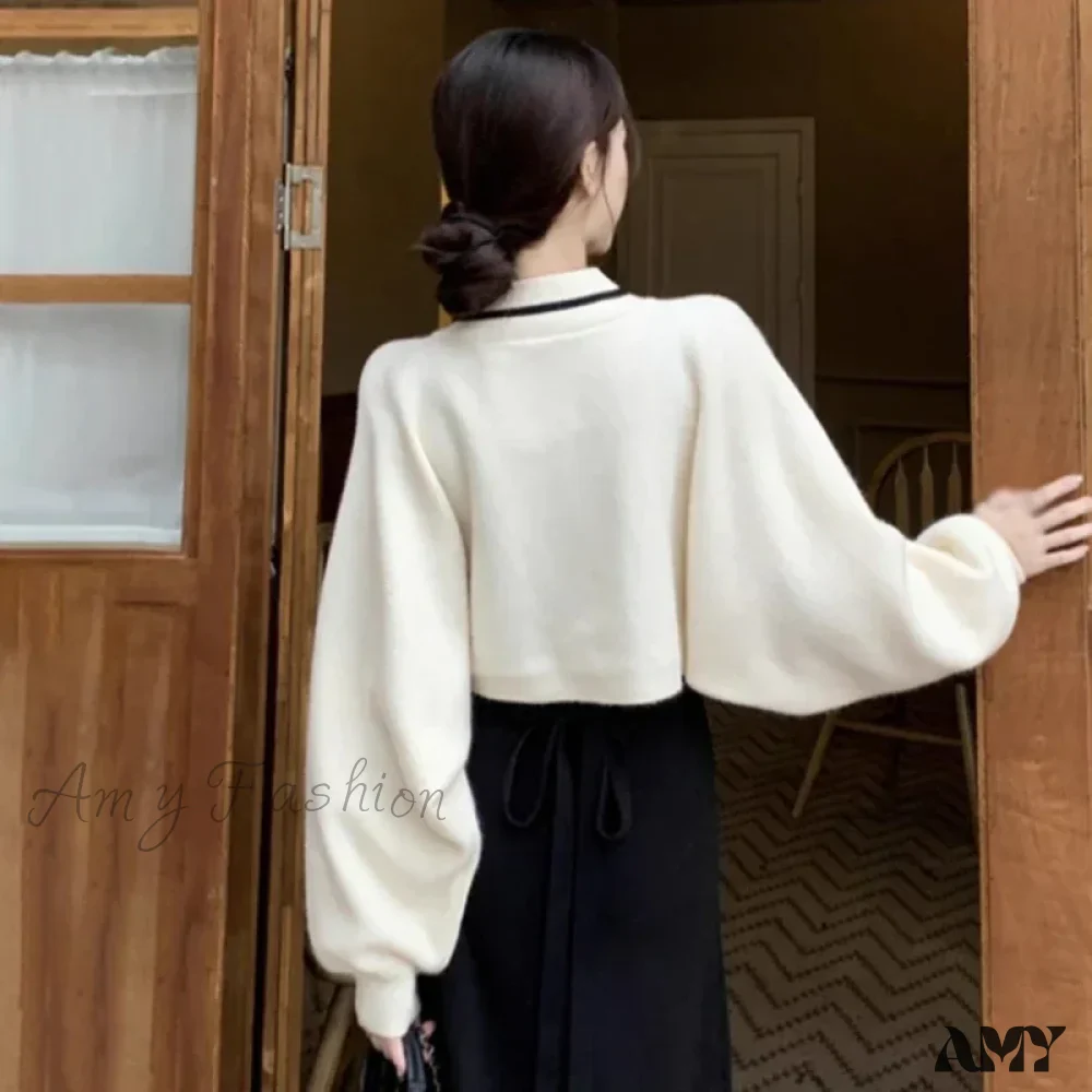 Autumn V-Neck Color Matching Loose Casual Gentle Style Sweater - Image 2