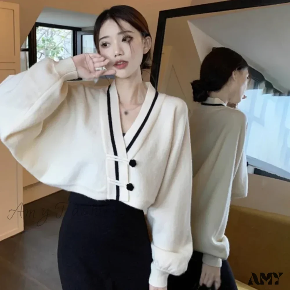 Autumn V-Neck Color Matching Loose Casual Gentle Style Sweater - Image 3