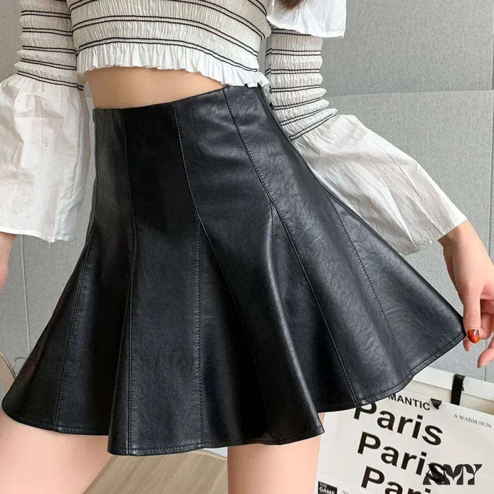 Autumn Winter Leather Pleated High Waist Sexy Black Club Wear Skirt - Image 4