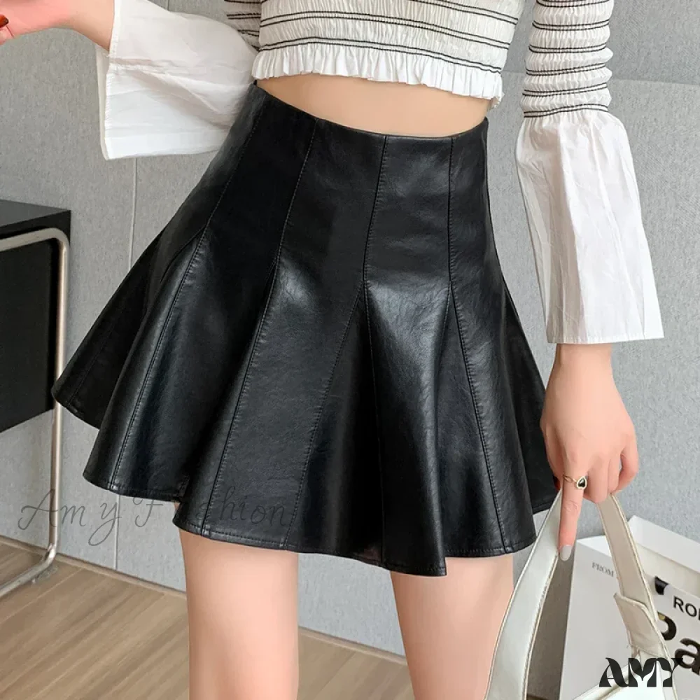 Autumn Winter Leather Pleated High Waist Sexy Black Club Wear Skirt - Image 5
