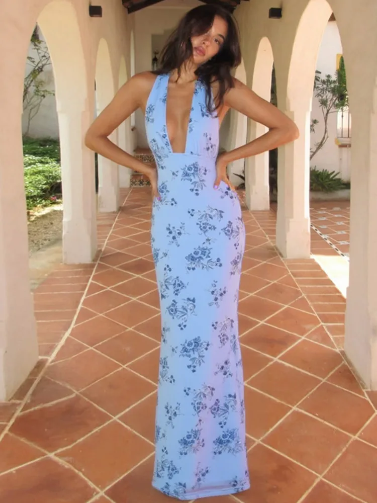 Backless Halter Deep V Neck Bodycon Vacation Dress - Image 5
