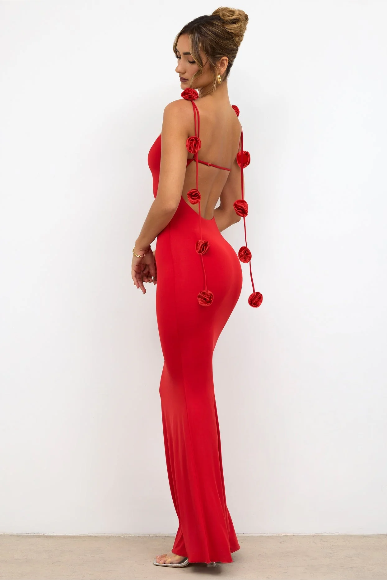 Backless Spaghetti Strap 3D Floral Long Party Dress - Image 5