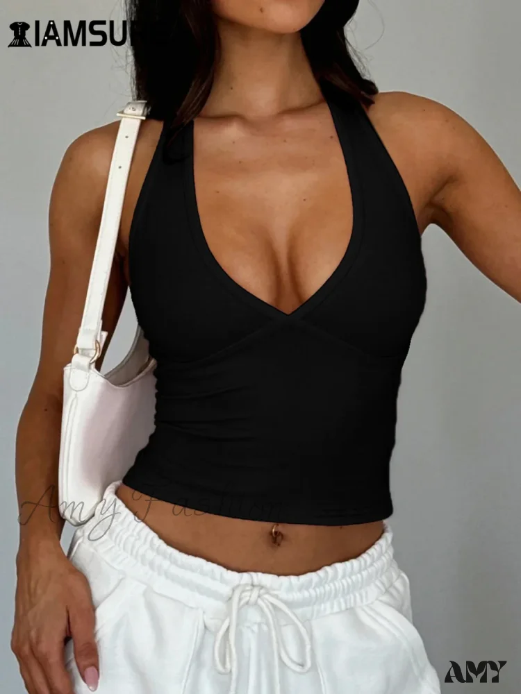 Basic Solid Backless Halter Sexy Slim Deep V-Neck Crop Top - Image 3