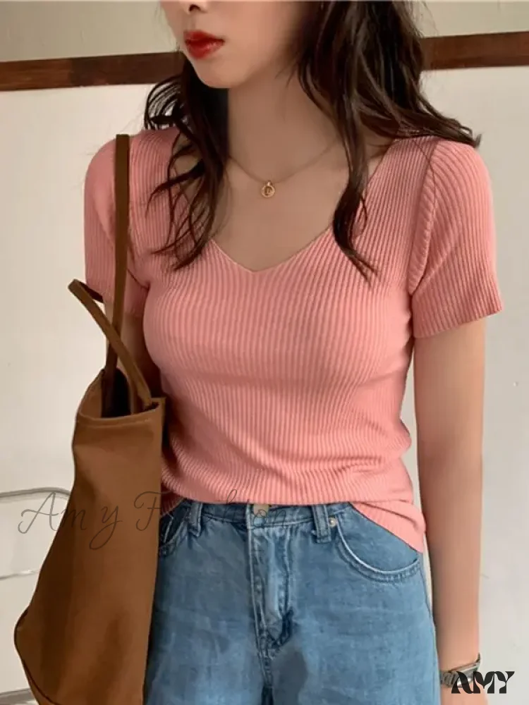 Basic V-neck Solid Thin Summer Ribbed Slim Short Sleeve Sweater - Image 10