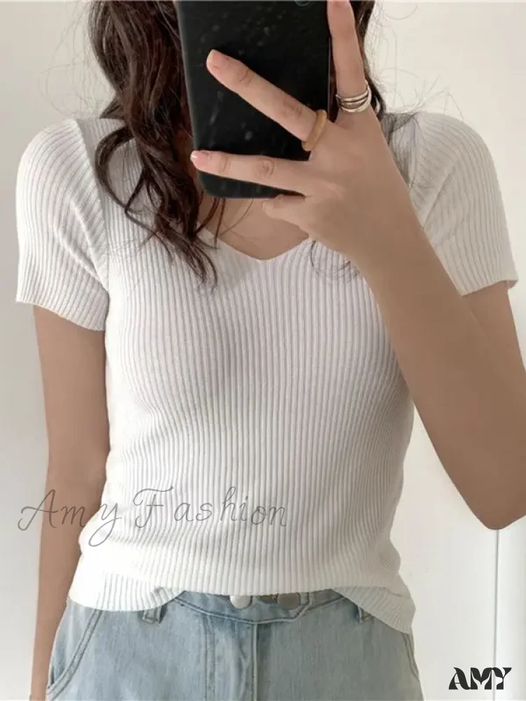 Basic V-neck Solid Thin Summer Ribbed Slim Short Sleeve Sweater - Image 15