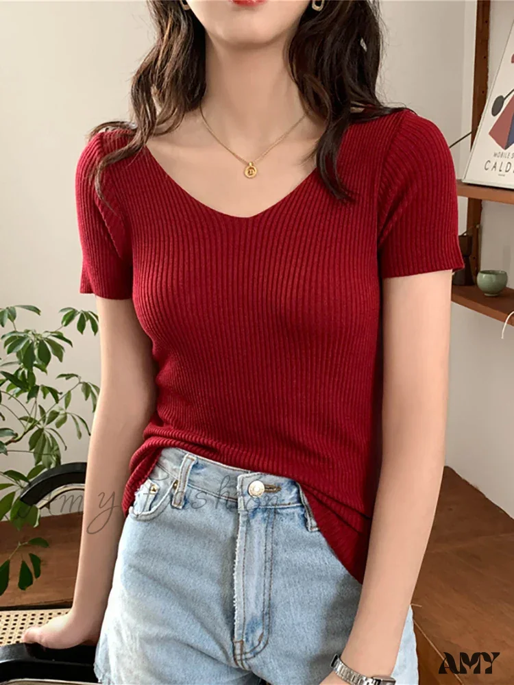 Basic V-neck Solid Thin Summer Ribbed Slim Short Sleeve Sweater - Image 2