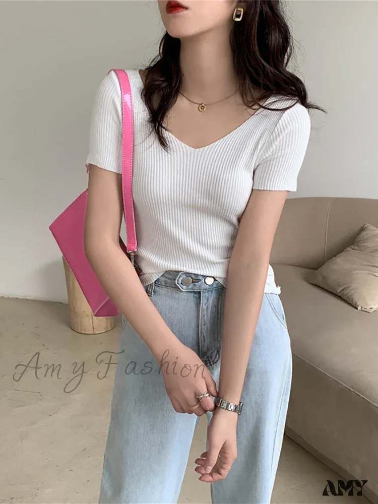 Basic V-neck Solid Thin Summer Ribbed Slim Short Sleeve Sweater - Image 4