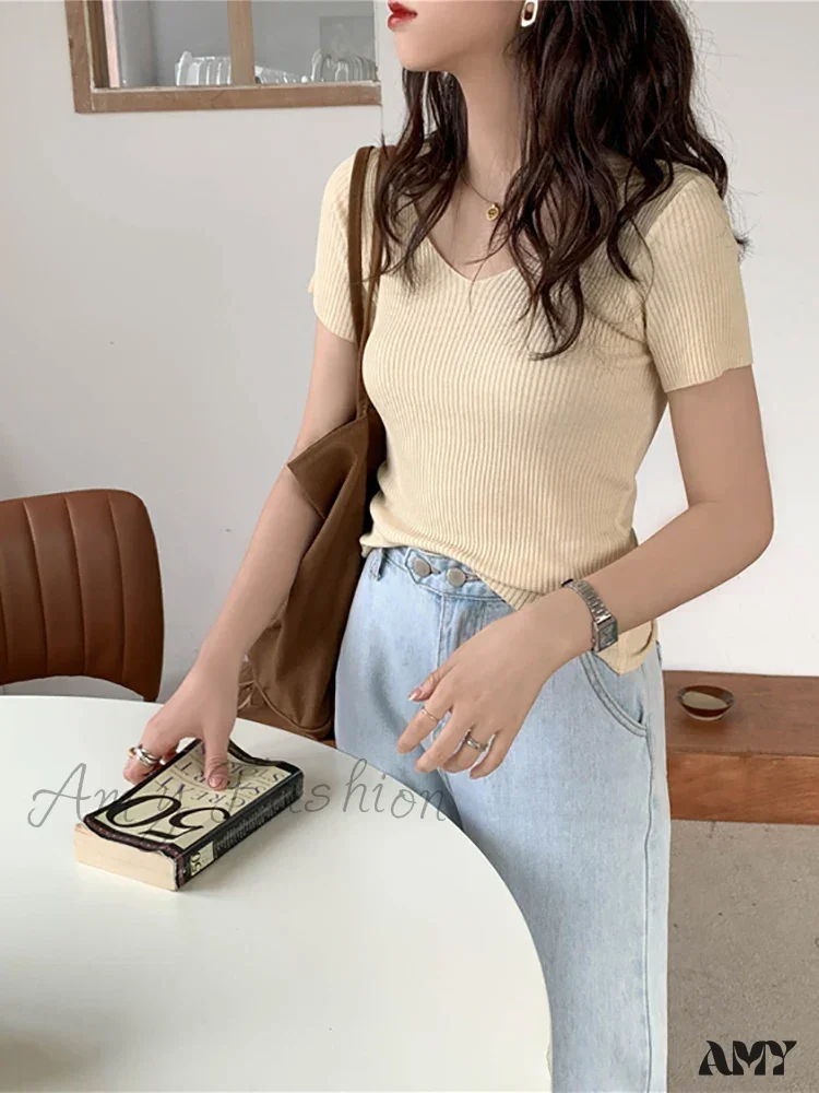 Basic V-neck Solid Thin Summer Ribbed Slim Short Sleeve Sweater - Image 5