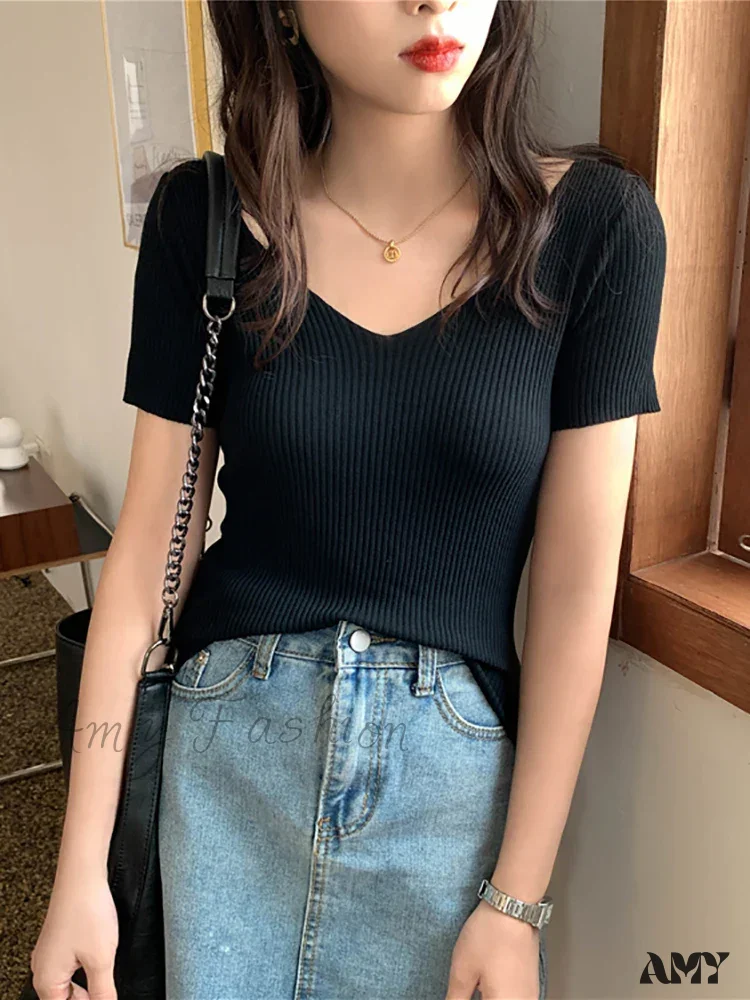 Basic V-neck Solid Thin Summer Ribbed Slim Short Sleeve Sweater - Image 6