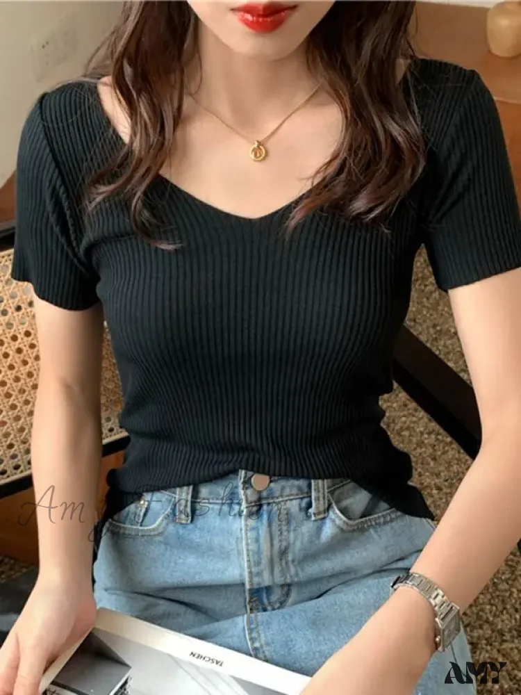 Basic V-neck Solid Thin Summer Ribbed Slim Short Sleeve Sweater - Image 8