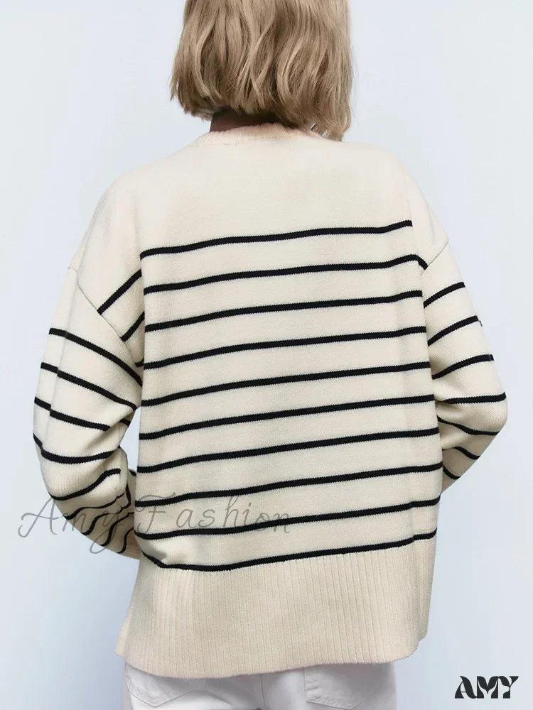 Beige Stripe Baggy Women Pullover Streetwear Long Sleeve Knitted Loose Sweater - Image 3