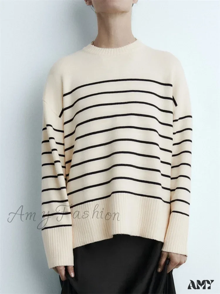 Beige Stripe Baggy Women Pullover Streetwear Long Sleeve Knitted Loose Sweater - Image 4