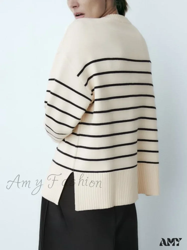 Beige Stripe Baggy Women Pullover Streetwear Long Sleeve Knitted Loose Sweater - Image 5