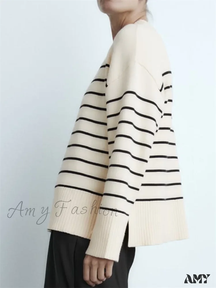 Beige Stripe Baggy Women Pullover Streetwear Long Sleeve Knitted Loose Sweater - Image 6