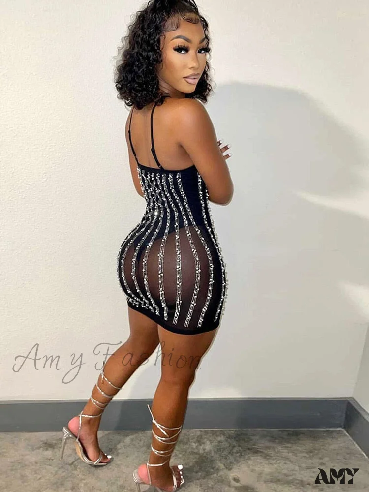 Amy Fashion - See-Through Pearls Crystal Sequins Bodycon Short Party Dress - Image 3