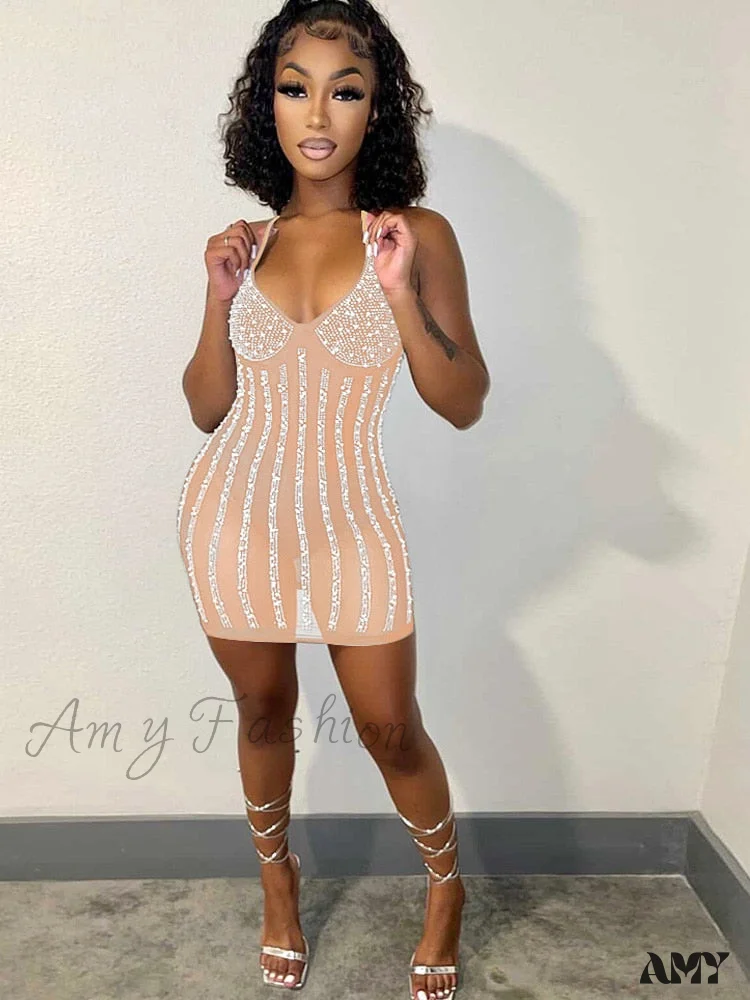 Amy Fashion - See-Through Pearls Crystal Sequins Bodycon Short Party Dress - Image 4