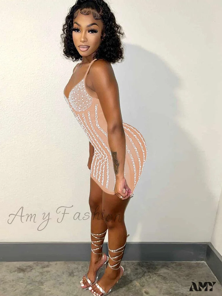 Amy Fashion - See-Through Pearls Crystal Sequins Bodycon Short Party Dress - Image 5