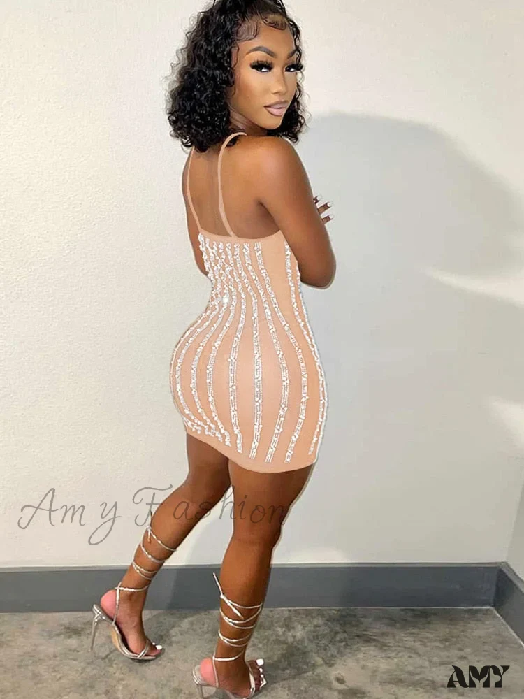 Amy Fashion - See-Through Pearls Crystal Sequins Bodycon Short Party Dress - Image 6