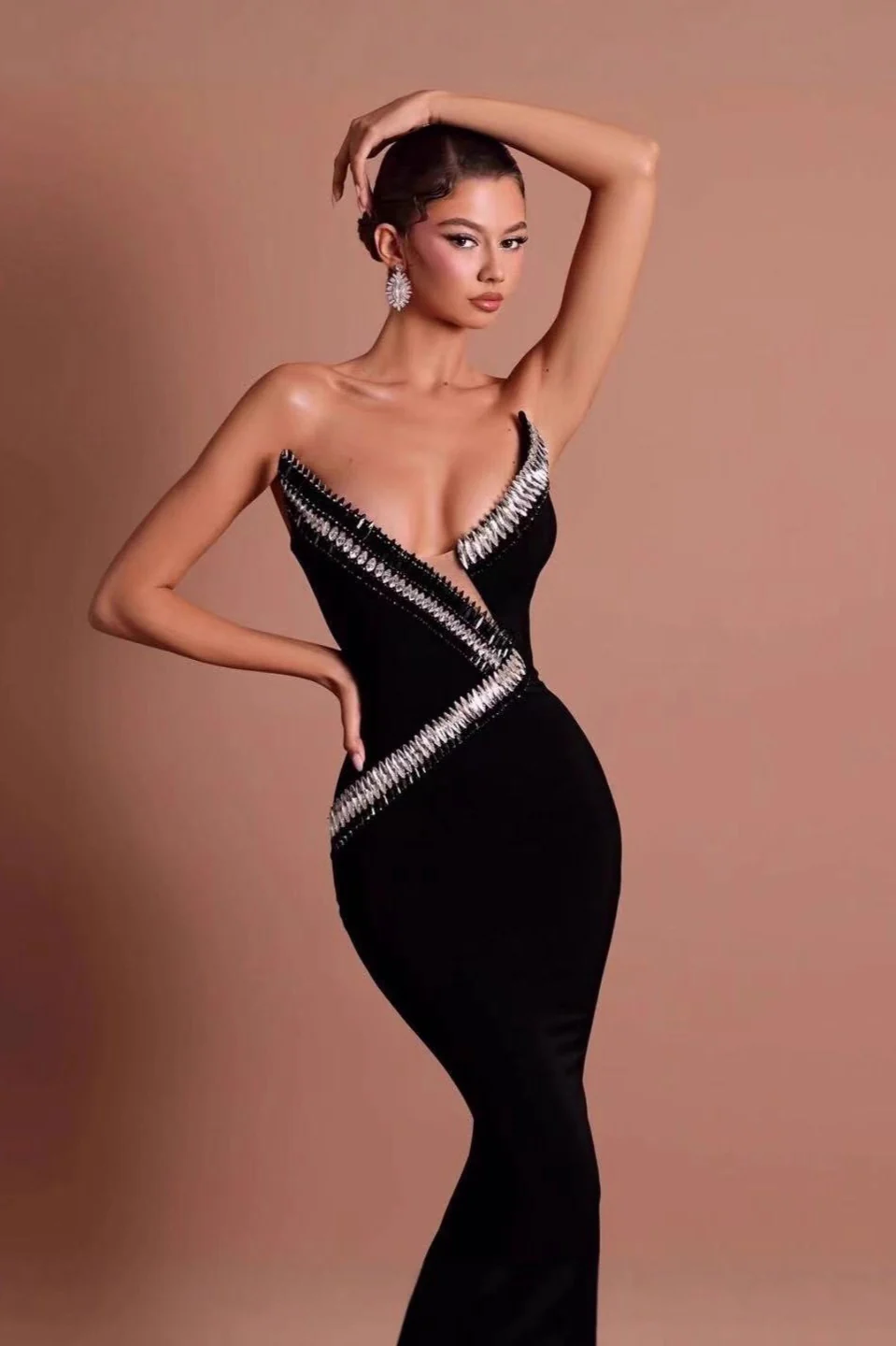 Black Crystal-Embellished Bandage Mermaid Party Dress - Image 2