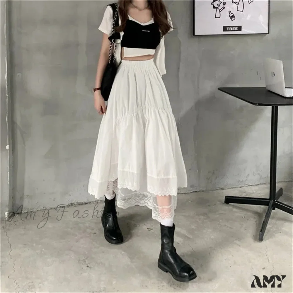 Amy Fashion - Black Gothic Lace Stitching Irregular Pleated Skirt - Image 3