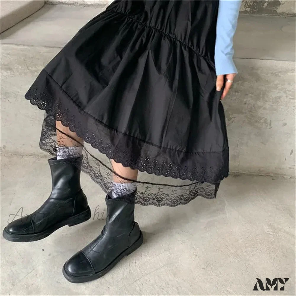 Amy Fashion - Black Gothic Lace Stitching Irregular Pleated Skirt - Image 4