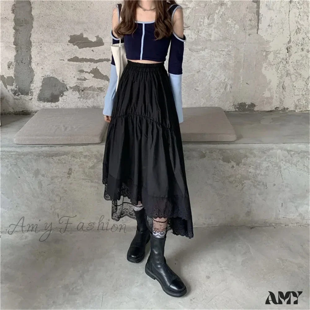 Amy Fashion - Black Gothic Lace Stitching Irregular Pleated Skirt - Image 5