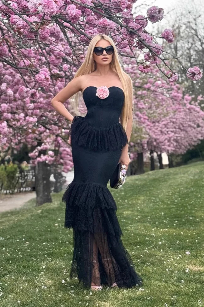 Black Lace Flower Halter Sheath Club Dress - Image 5
