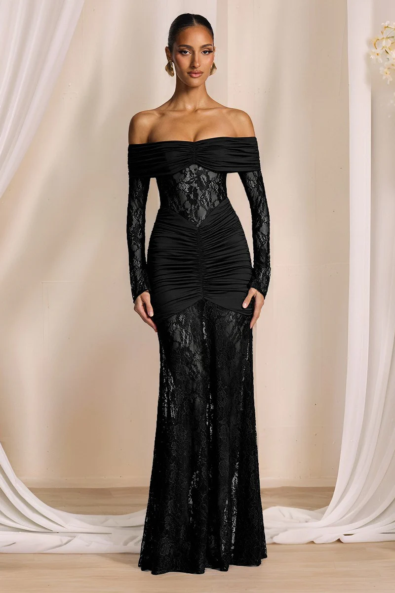 Black Lace Slim Maxi Elegant Party Dress - Image 2