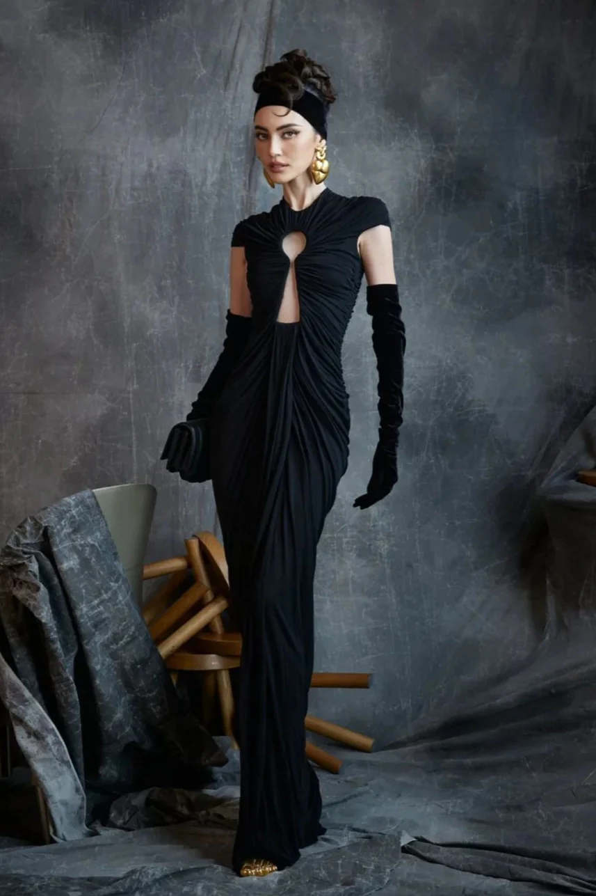 Black Mesh Cutout Slim Vintage Evening Party Dress - Image 4