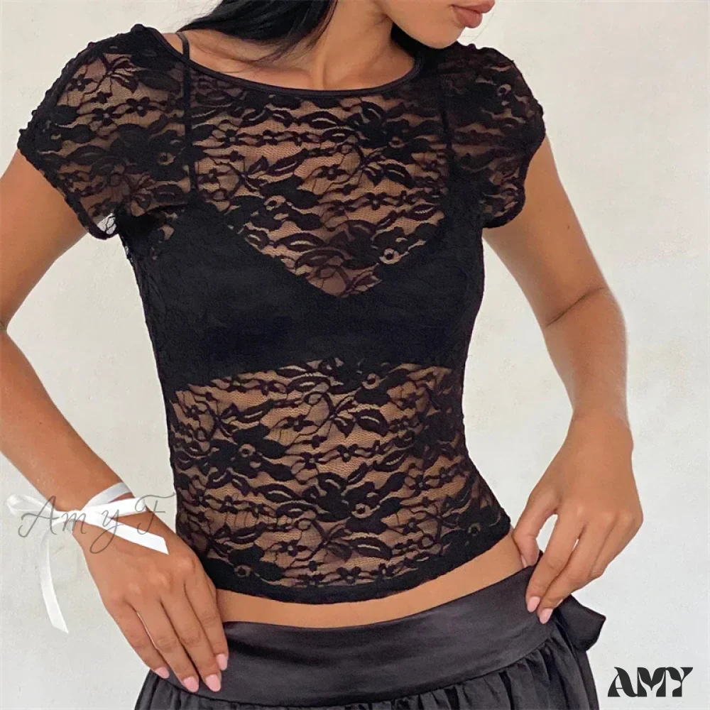 Black Sheer Lace Aesthetic See Through Short Sleeve Open Back Summer Slim Fit Crop Top - Image 2