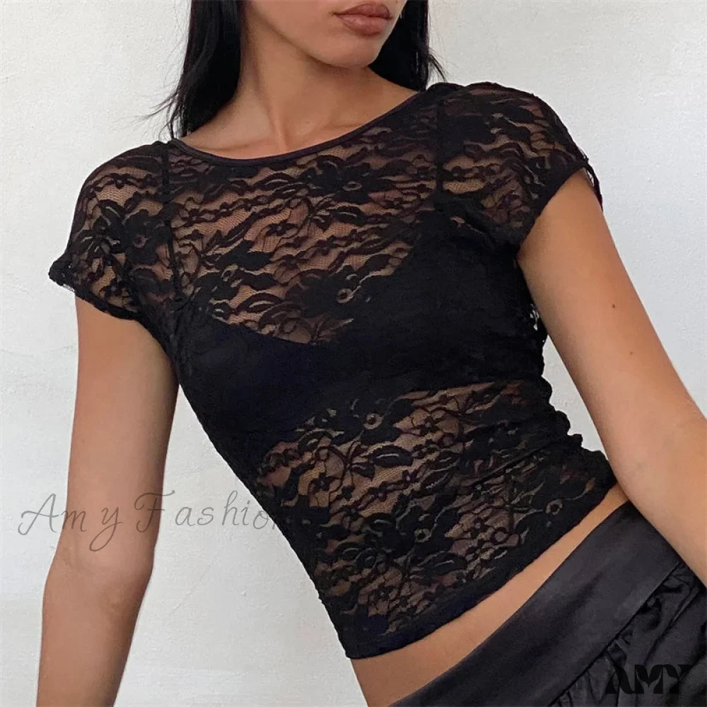 Black Sheer Lace Aesthetic See Through Short Sleeve Open Back Summer Slim Fit Crop Top - Image 3