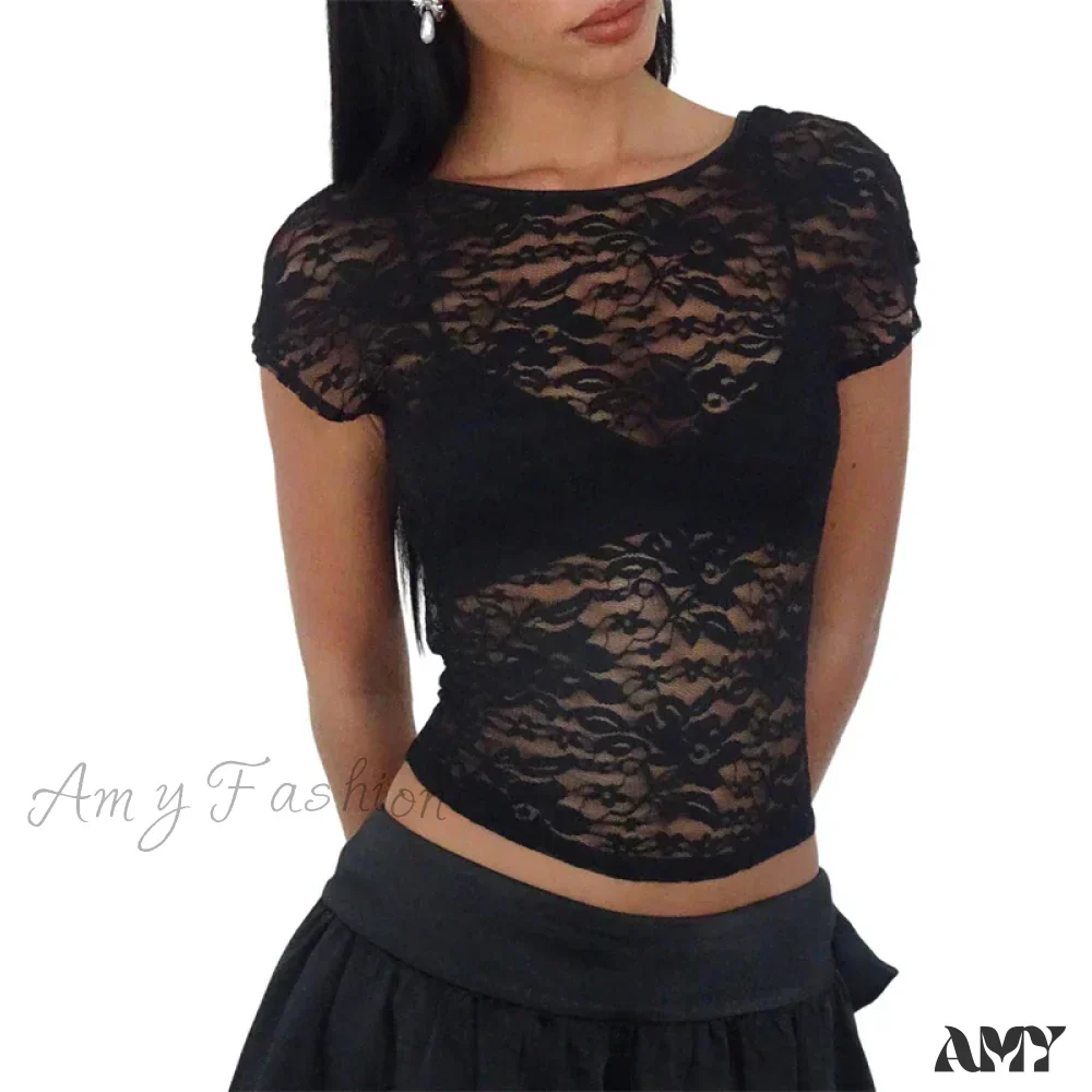 Black Sheer Lace Aesthetic See Through Short Sleeve Open Back Summer Slim Fit Crop Top - Image 6