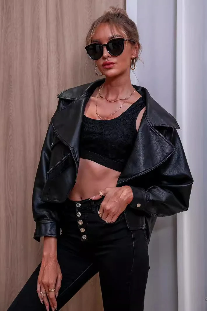 Black Short Faux Leather Collared Loose Jacket - Image 3