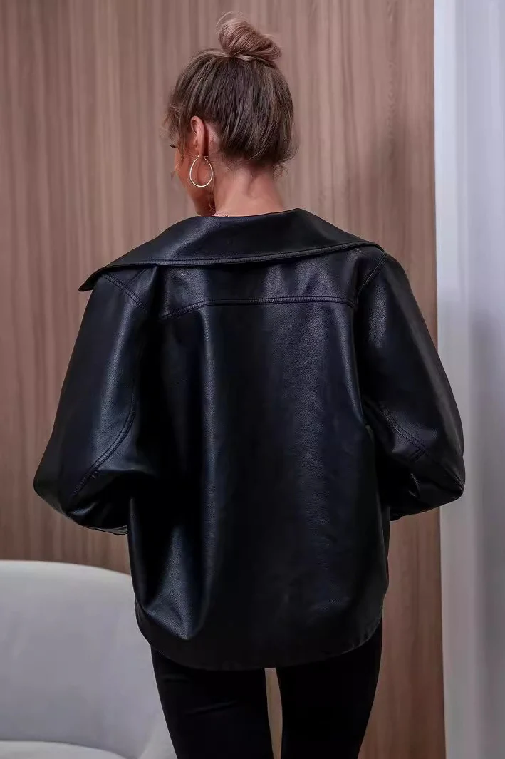Black Short Faux Leather Collared Loose Jacket - Image 4