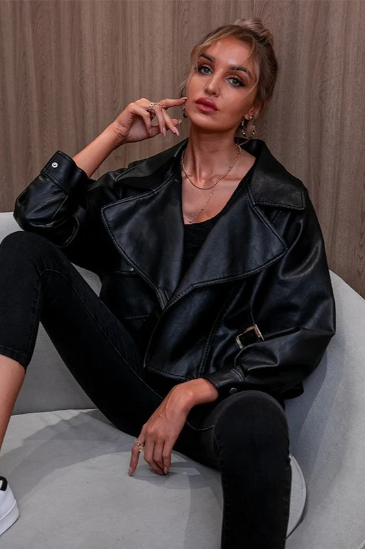 Black Short Faux Leather Collared Loose Jacket - Image 5