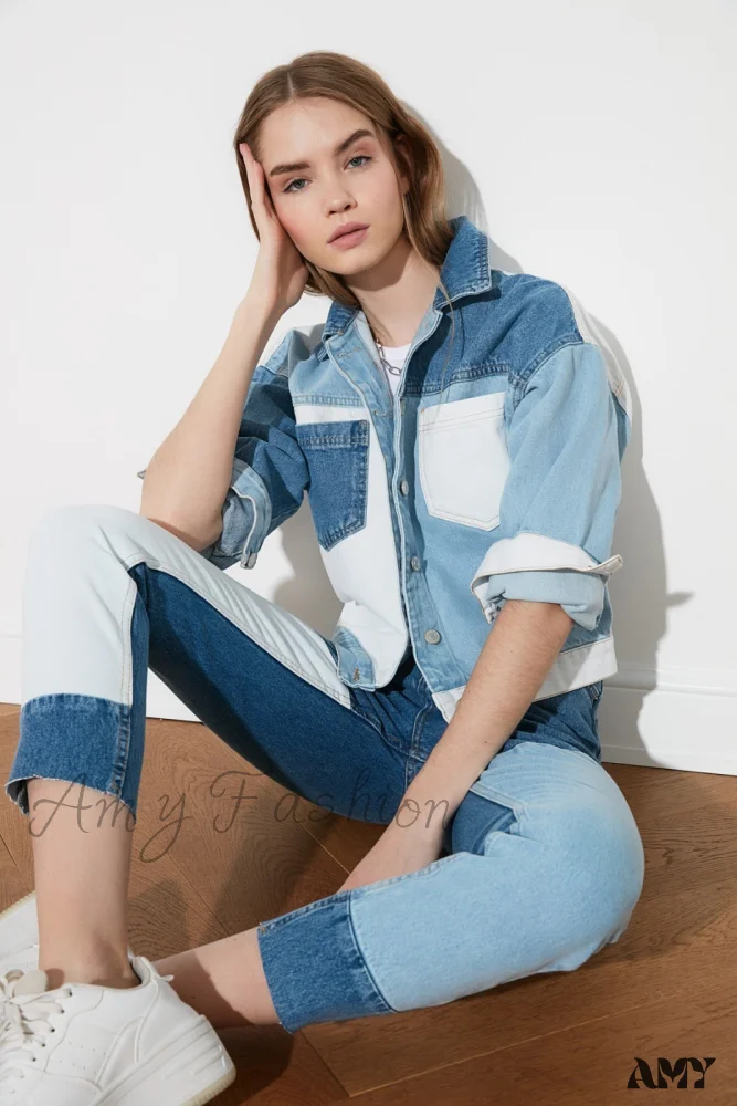 Amy Fashion - Block Denim Winter Warm Coat - Image 2