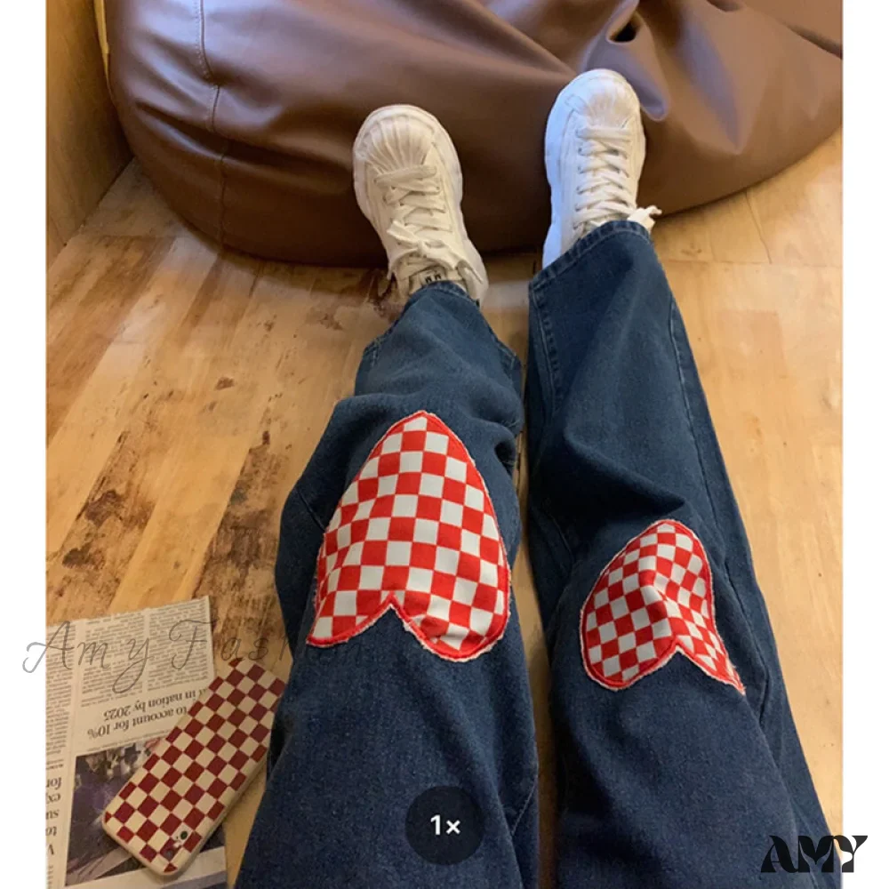 Amy Fashion - Cute Red Heart Print Pencil Jeans - Image 2