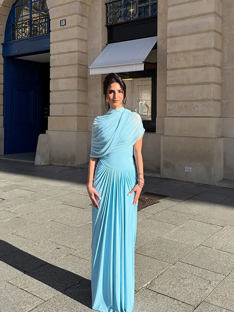 Blue Shawl Pleated A-line Maxi Dress - Image 5