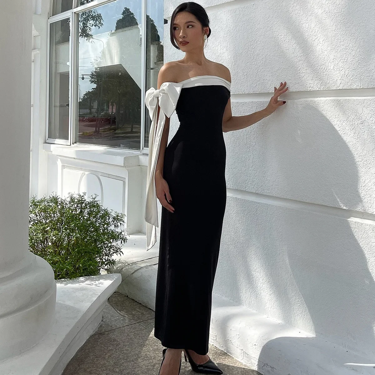 Bow Ribbon Off Shoulder Midi Dress - Image 3