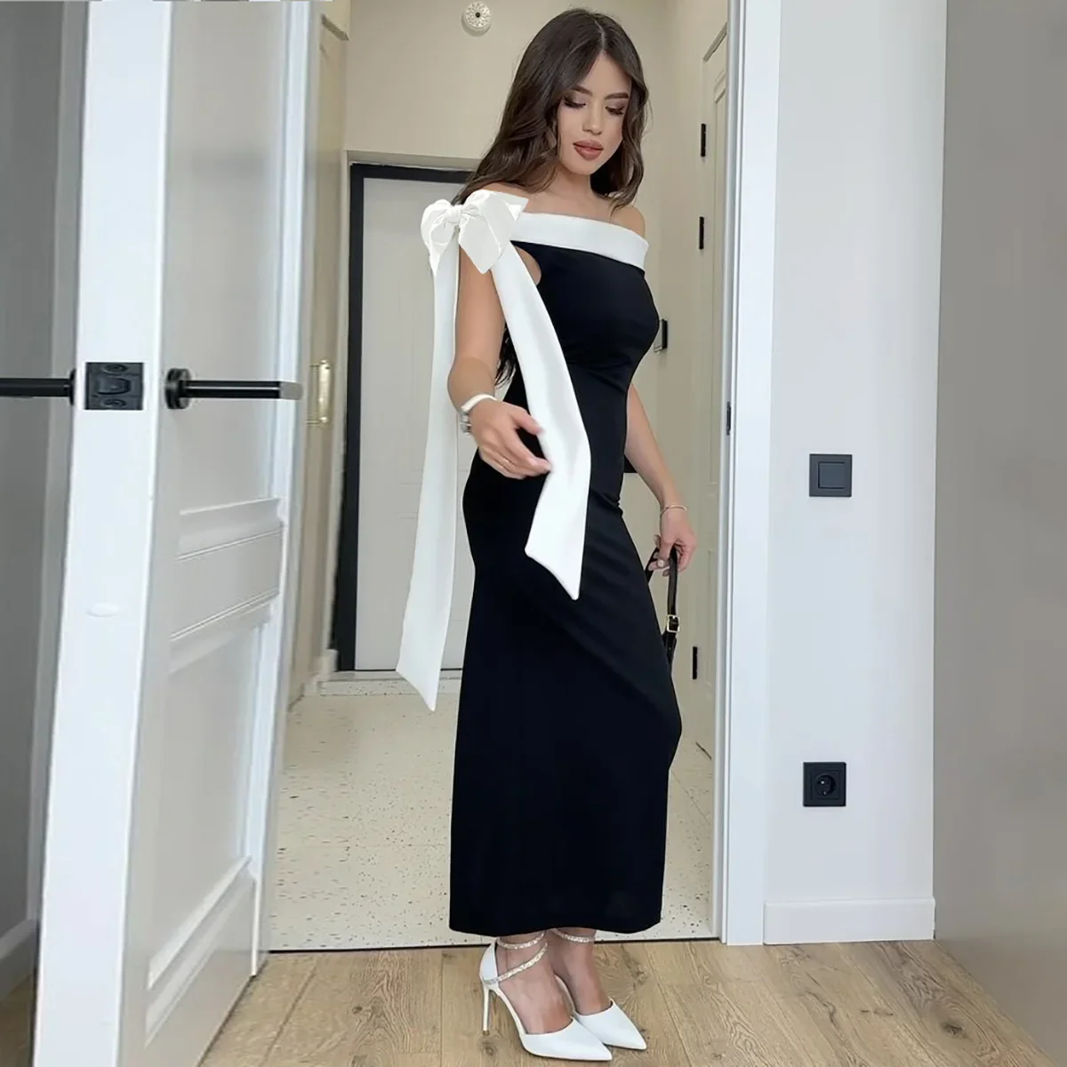Bow Ribbon Off Shoulder Midi Dress - Image 4