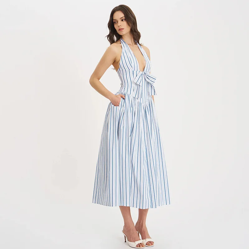Bows Halter Striped Backless Long Prom Dress - Image 4