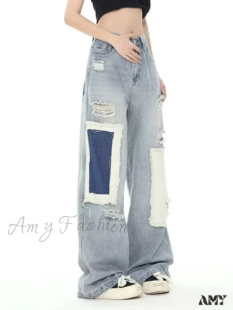 Amy Fashion - Broken Hole Patch Summer Crowd High Waist Loose Straight Leg Women's Jean - Image 2