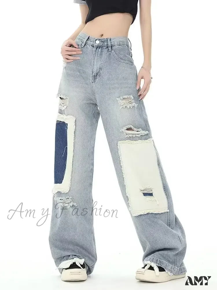 Amy Fashion - Broken Hole Patch Summer Crowd High Waist Loose Straight Leg Women's Jean - Image 3
