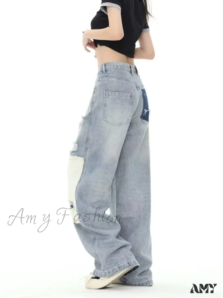 Amy Fashion - Broken Hole Patch Summer Crowd High Waist Loose Straight Leg Women's Jean - Image 4