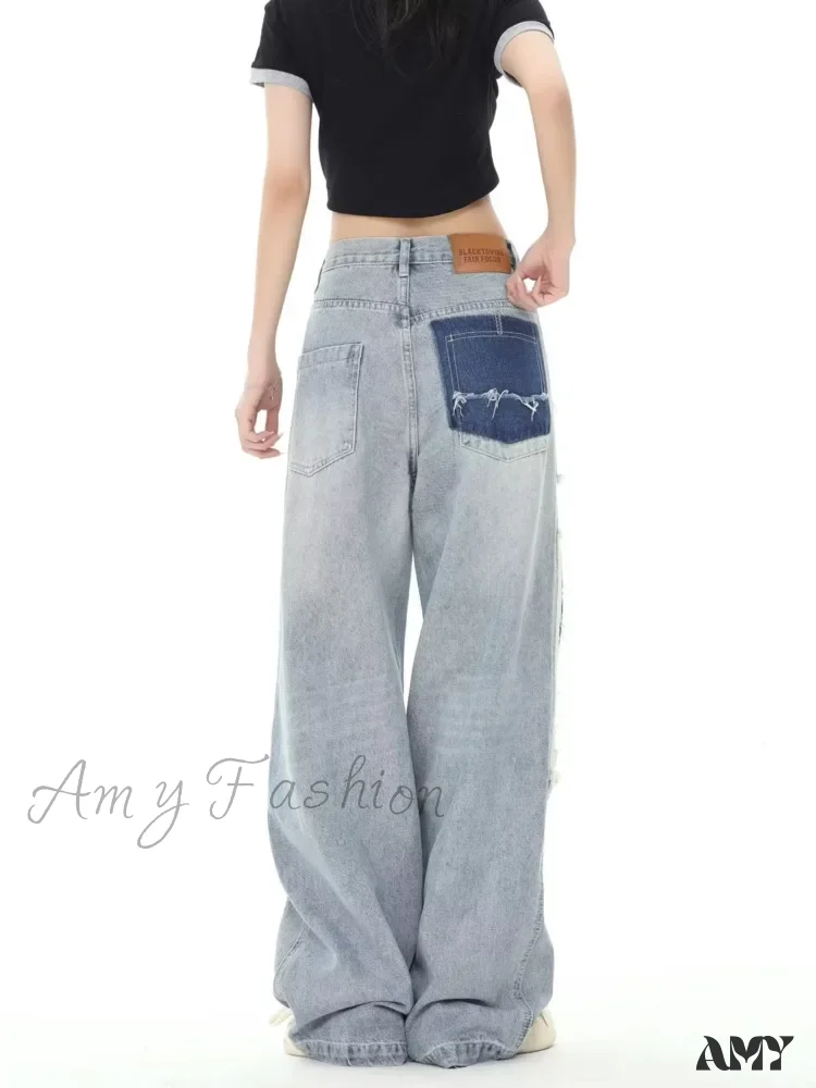 Amy Fashion - Broken Hole Patch Summer Crowd High Waist Loose Straight Leg Women's Jean - Image 5