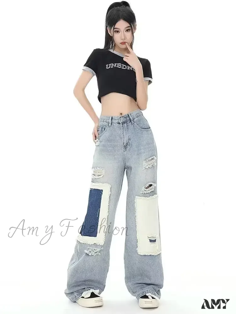 Amy Fashion - Broken Hole Patch Summer Crowd High Waist Loose Straight Leg Women's Jean - Image 6