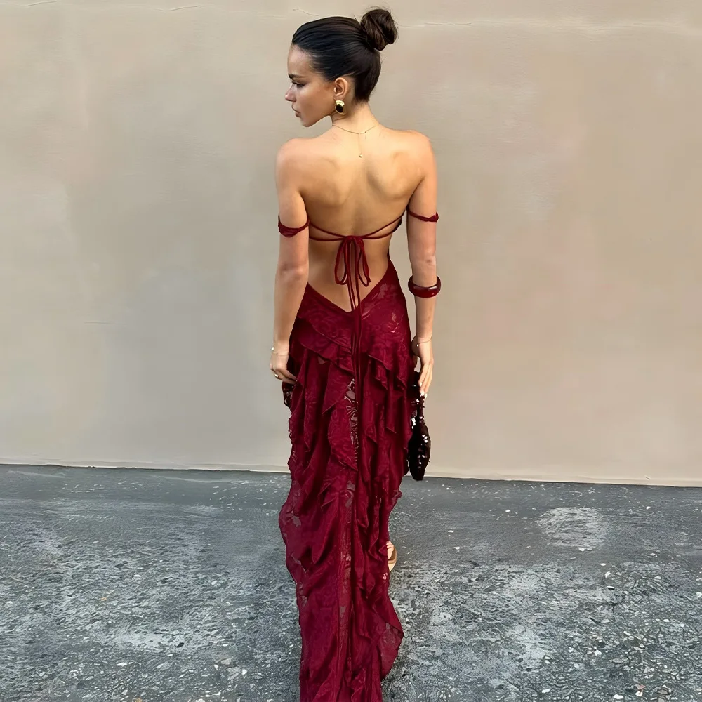 Burgundy Tulle Short Mini Off Shoulder Lace Up Prom Dress - Image 2