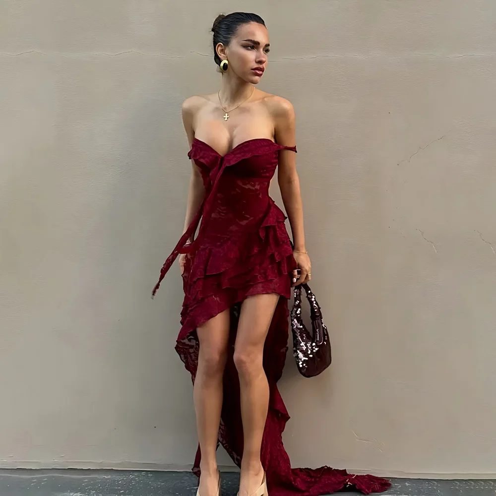 Burgundy Tulle Short Mini Off Shoulder Lace Up Prom Dress - Image 6